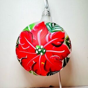 Italian Glass Christmas Red Poinsettia Flower Ball Ornament Mouth Blown